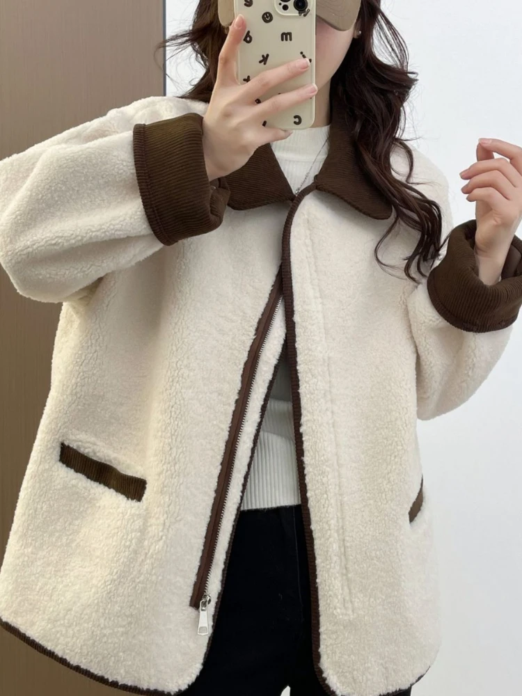 Autumn Winter Vintage Style Turn Down Collar Zipper Loose Jacket for Women Office Lady Fashion Patchwork Long Sleeve Baggy Coat