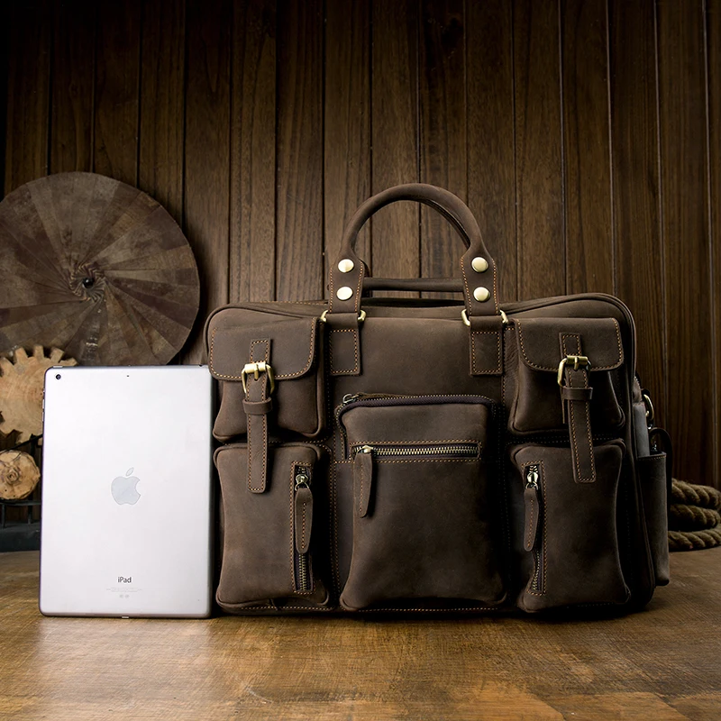 กระเป๋าหนังวัวแท้วินเทจทำมือกระเป๋าเอกสารหนัง tas LAPTOP Messenger ความจุเยอะเดินทางกลางแจ้ง