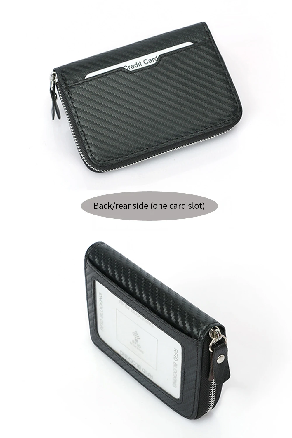 Minimalistisches RFID-blockierendes Kartenetui mit modischem Kohlefaser-Muster, Reißverschluss-Münzbörse, Business-Kartenhalter für Herren, mit Ausweisfenster – Detail 12