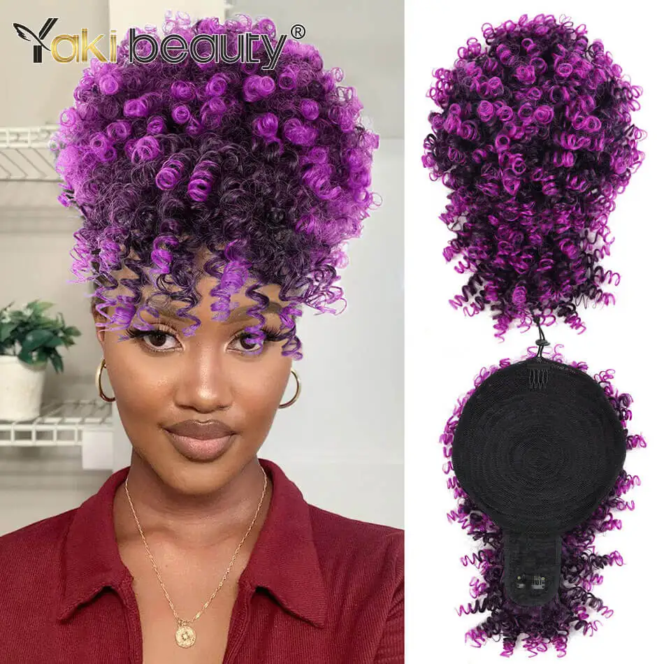 Cola de Caballo Afro Puff con cordón y flequillo, pelo de piña Updo para mujeres negras, moño de cola de caballo corto y rizado