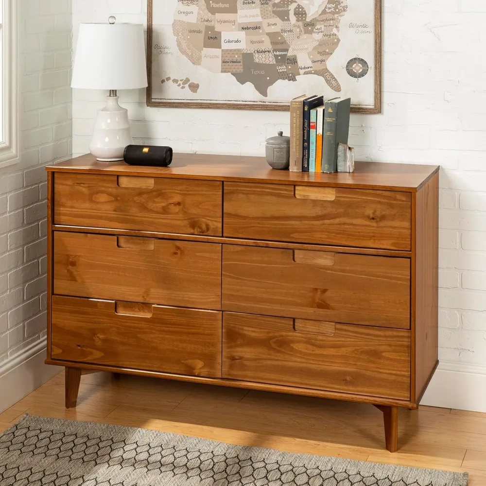 Brynn Modern Solid Wood Groove Handle 6-Drawer Dresser, 52 Inch, Caramel