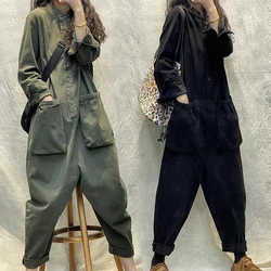 Women Long Sleeve Round Neck Stylish Cargo Romper Harajuku Straight Pants Casual Workwear Korean Style Vintage Playsuits