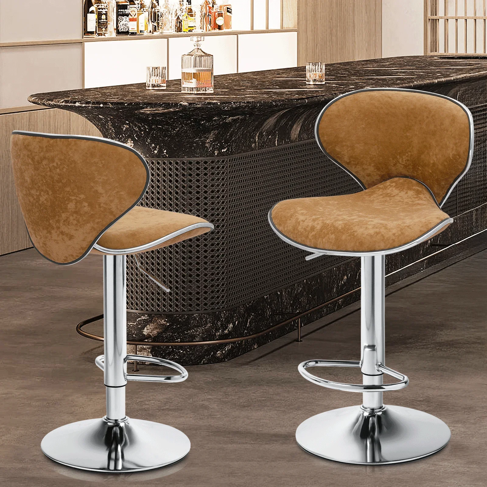 Set of 2 Velvet Adjustable Height Lift Bar Stools wit Curved Seat, Swivel Barstools Kitchen Counter Height Chairs, Cinnamon