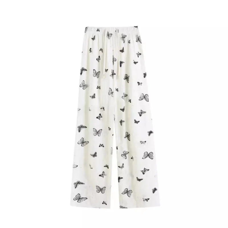 Nuovi pantaloni a gamba larga a farfalla in stile cinese Pantaloni a gamba dritta bianchi larghi e pigri a vita alta di nuovo stile estivo femminile con fori