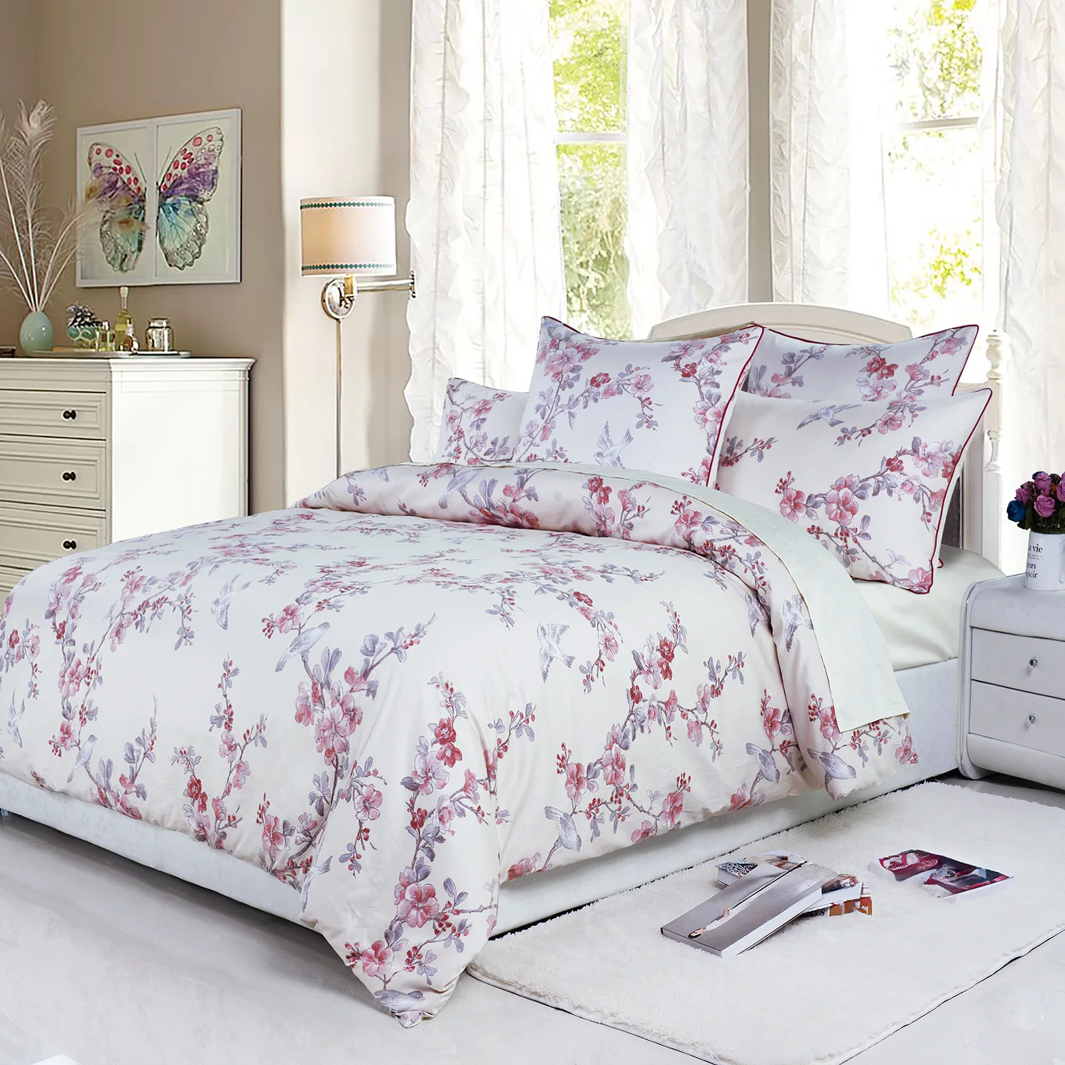 3pcs 600 TC 100% Egyptian Cotton Duvet Cover Set (Without Core),  Vintage Bird and Watercolor Floral , Soft And Skin-friendly