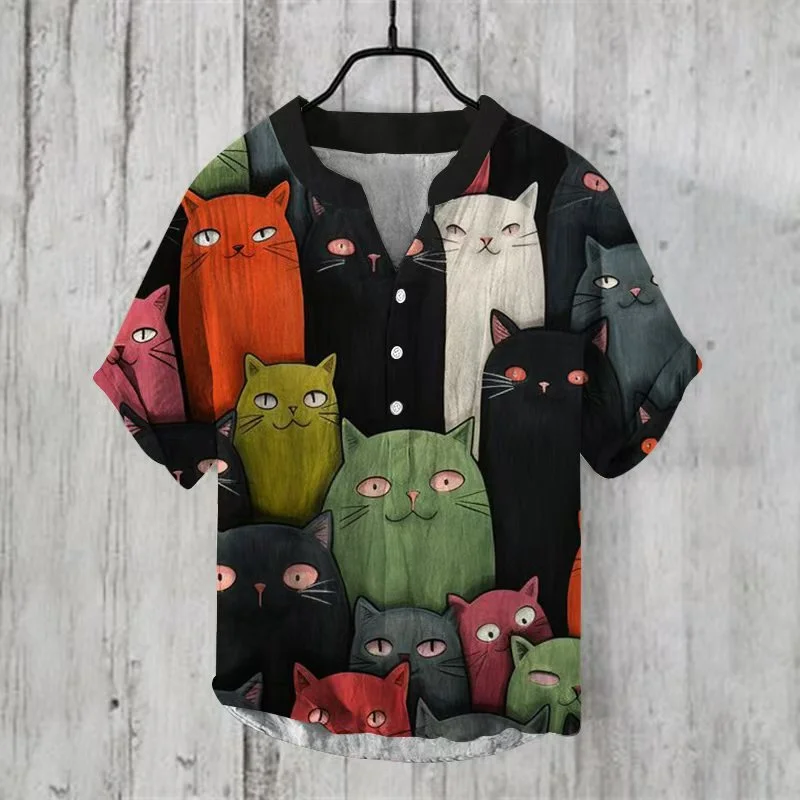 2024 neue Herren Henley Shirt Vintage Print Tier Katze Leinen Kurzarmhemd Hawaii-Stil halbe Strickjacke Knopf V-Ausschnitt Hemd