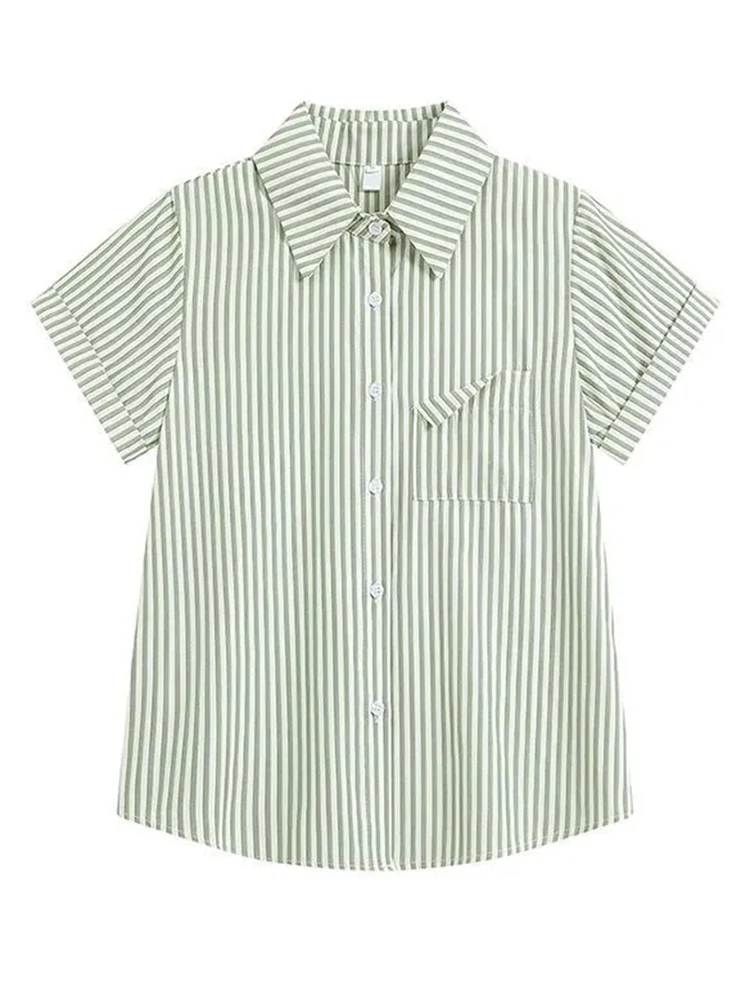 

Zoki Cute Vintage Striped Shirt Women Preppy Style Short Sleeve Casual Blouse Summer Loose Retro Pocket Female Sweet Green Tops