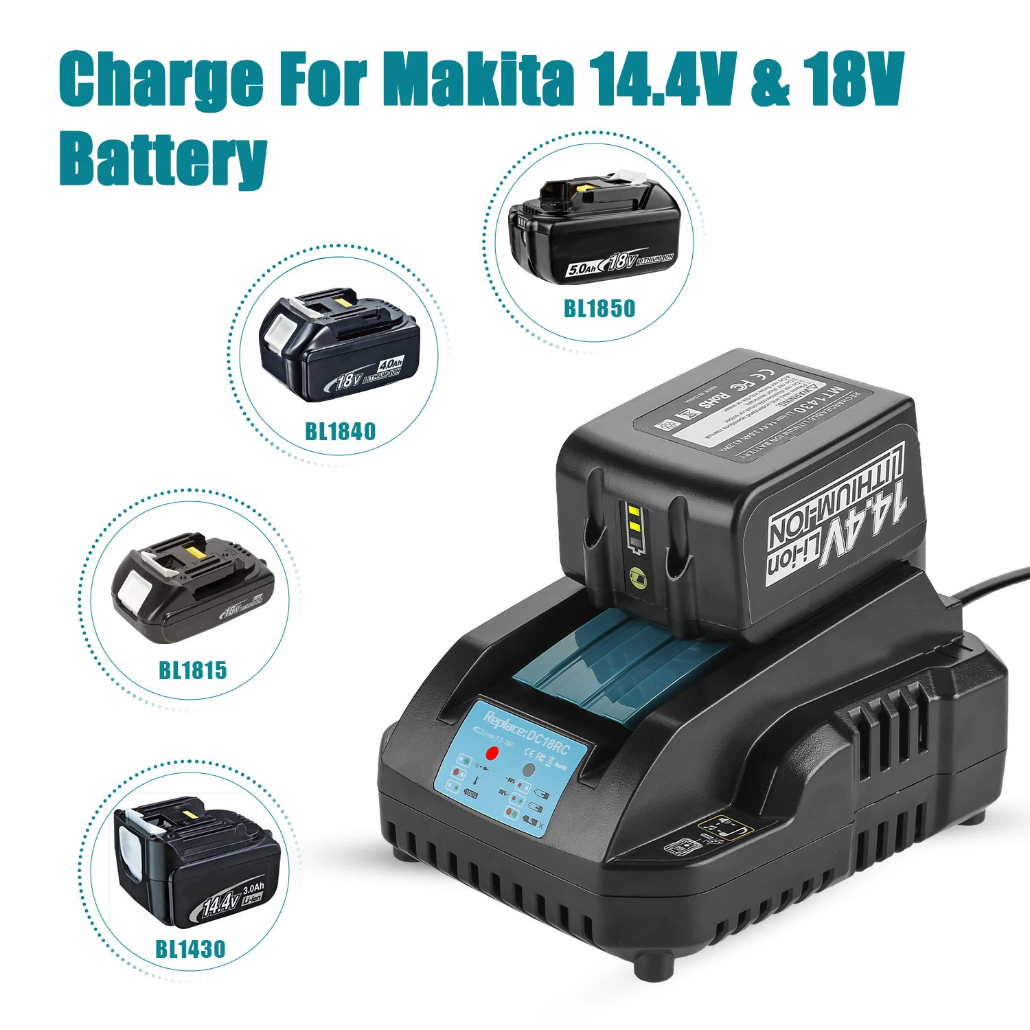 14.4-18V 3A Charger for Makita Charger 18V DC18RA DC18RC DC18RD DC18SF and BL1850 BL1840 BL1830 BL1430 BL1415 Batteries