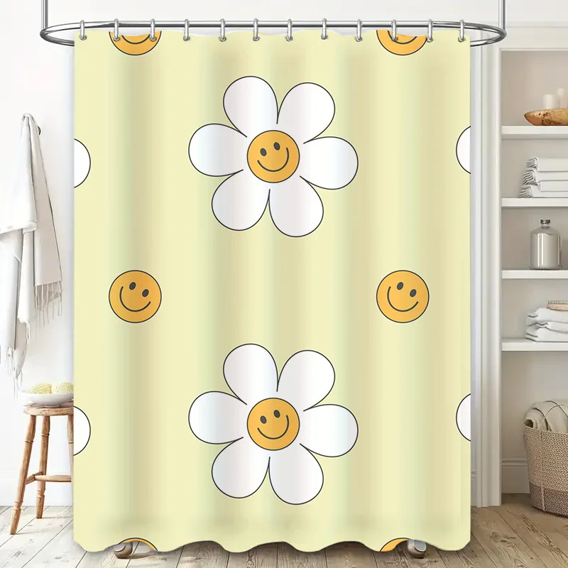 Happy Daisy Shower Curtain Bathroom Decor Set with Matching Hooks Waterproof Fabric Perfect for Kids Bathrooms or Summer Theme D