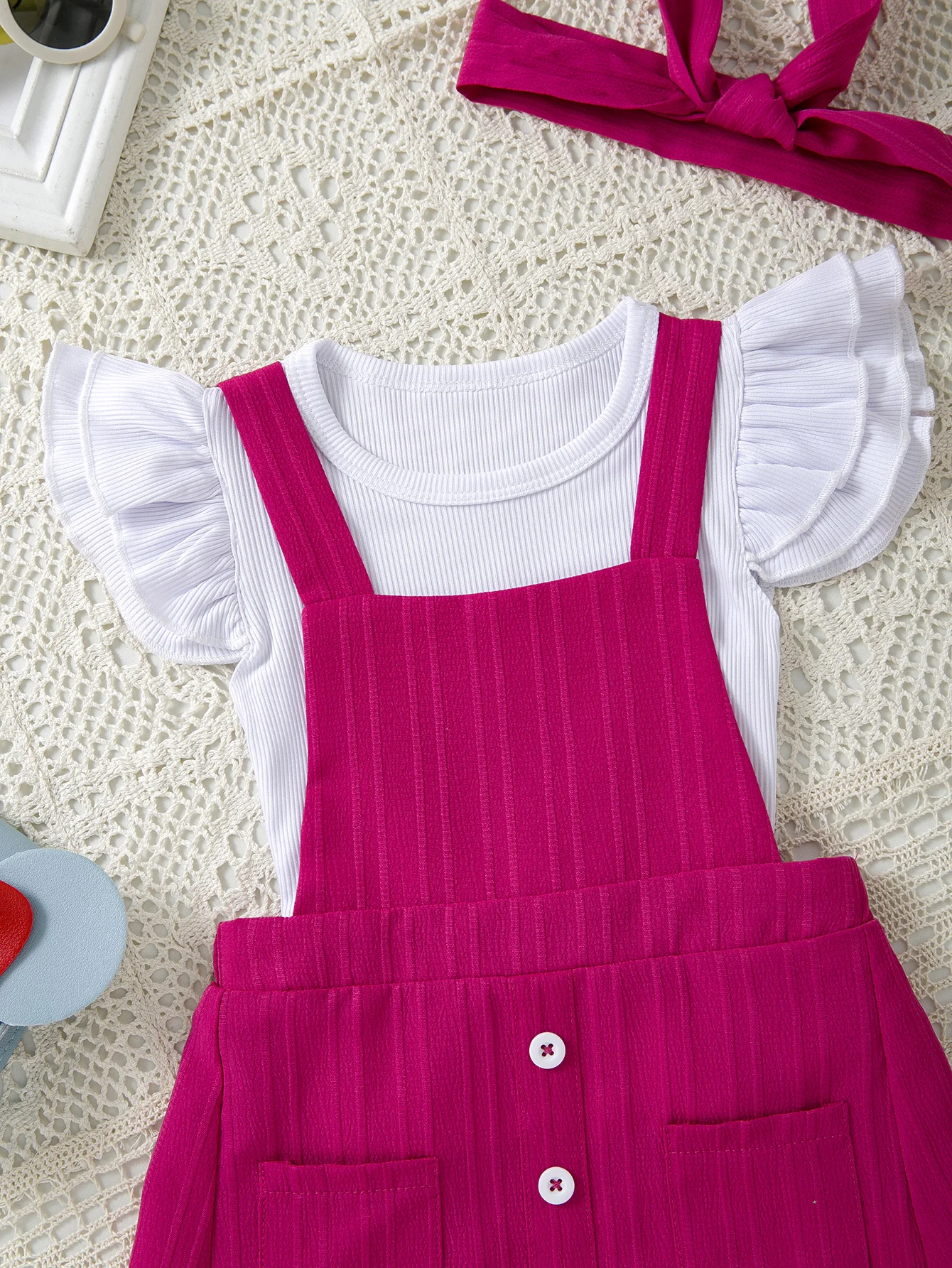Baby Girl Spring Summer 3-Piece Set Flutter Sleeve T-shirt + Overall Dress + Headband Cute Casual Kids Outfit