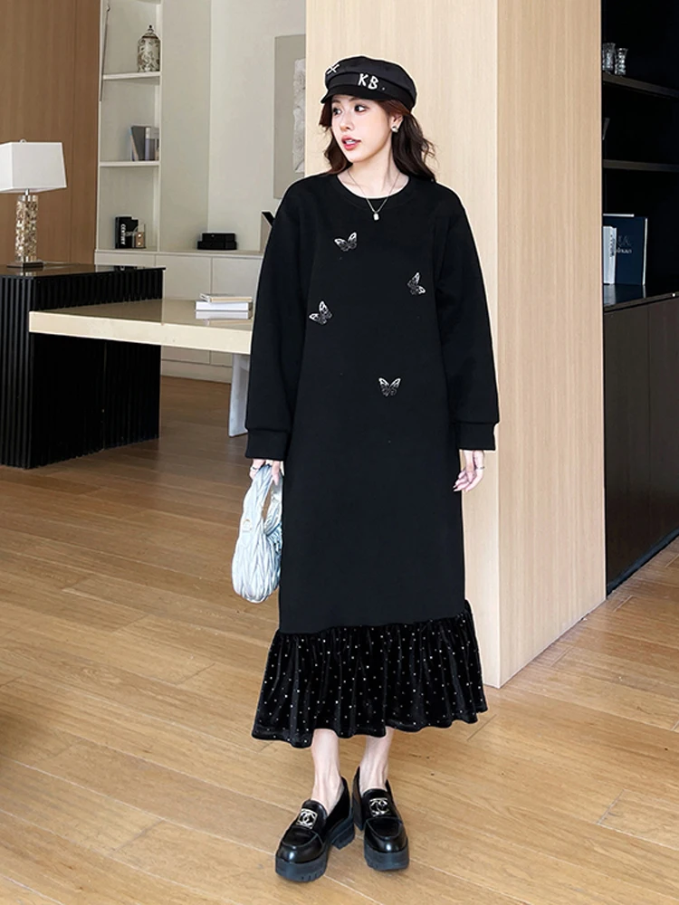 NYFS 2025 خريف شتاء جديد إمرأة فستان طويل فضفاض حجم كبير رداء المرقعة المخملية ذيل السمكة هيم Elbise فساتين طويلة #2