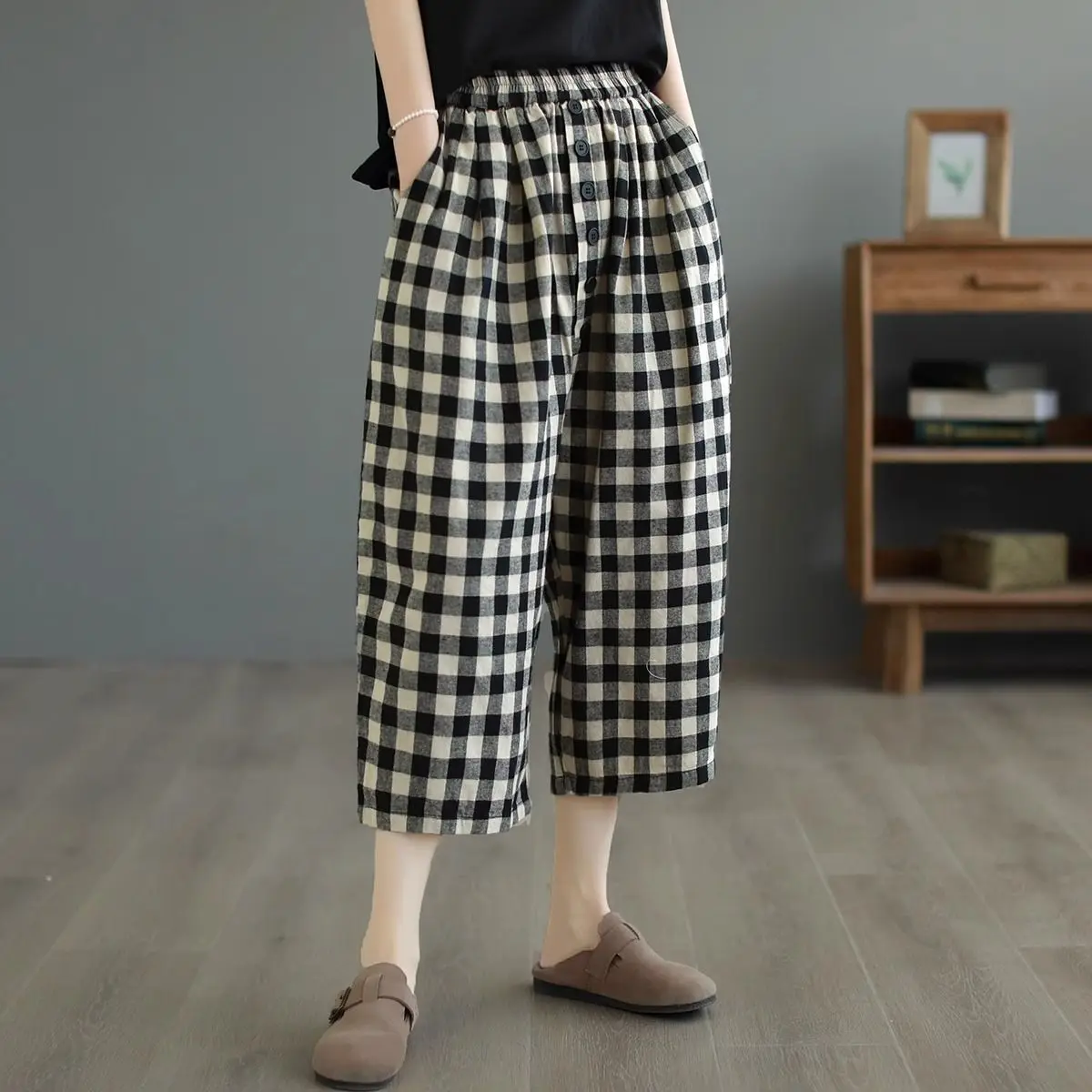 Summer Flax Simplicity Plaid Elastic Waist Calf-Length Pants Women Clothes All-match Buttons Loose Thin Oversized Wide Leg Pants