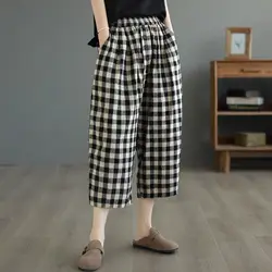 Summer Flax Simplicity Plaid Elastic Waist Calf-Length Pants Women Clothes All-match Buttons Loose Thin Oversized Wide Leg Pants