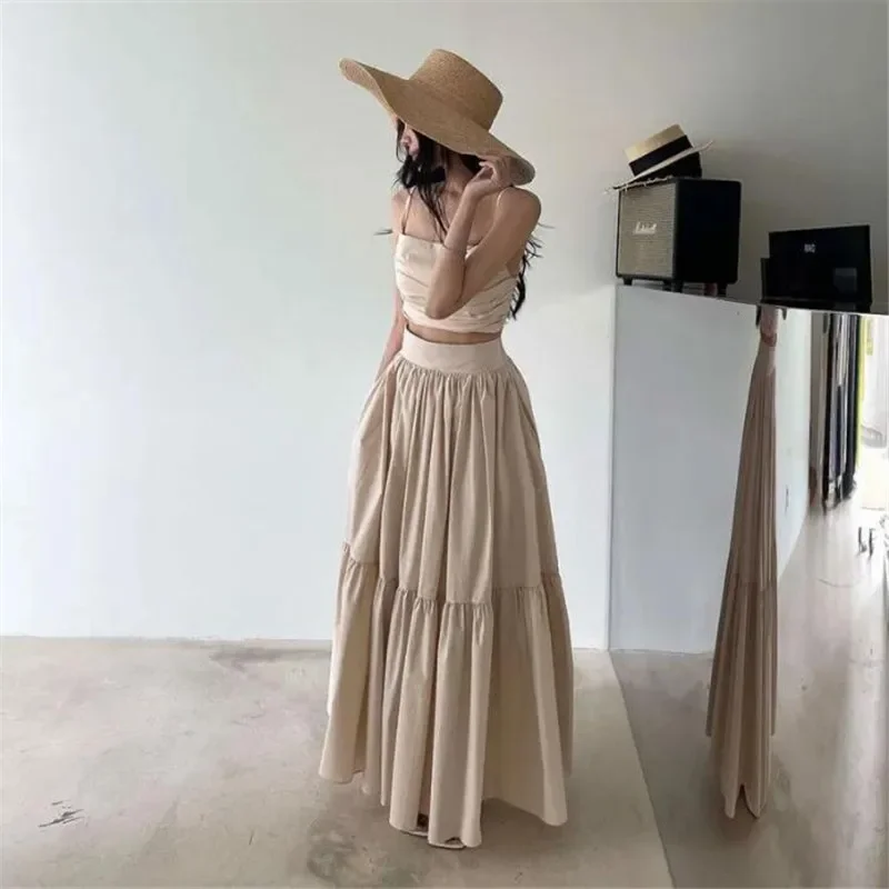 Summer Holiday Fashion Sexy 2 Piece Dress Sets Black Apricot Short Camis Tank Top&High Waist A Line Long Skirt Boho 2pc Suits