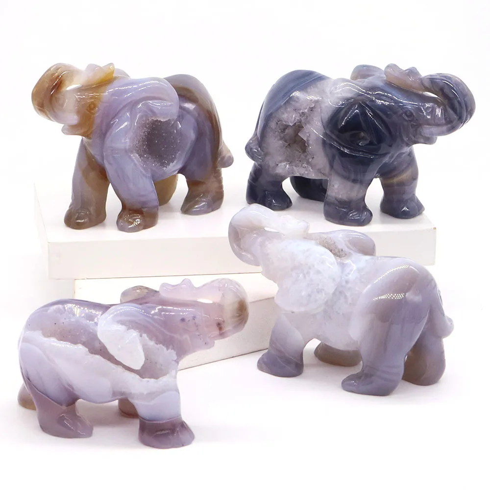 

Elephant Statue Natural Gray Agate Geode Crystal Carved Reiki Healing Stone Animal Figurine Handicraft Home Decoration Ornaments