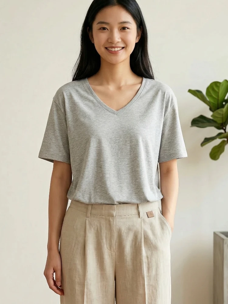 Zjaiss 2026 Frühling Sommer Locker Lässig Vielseitig Kurzarm T-Shirts Einfarbig Damen T-Shirt Mode V-Ausschnitt Oberteile