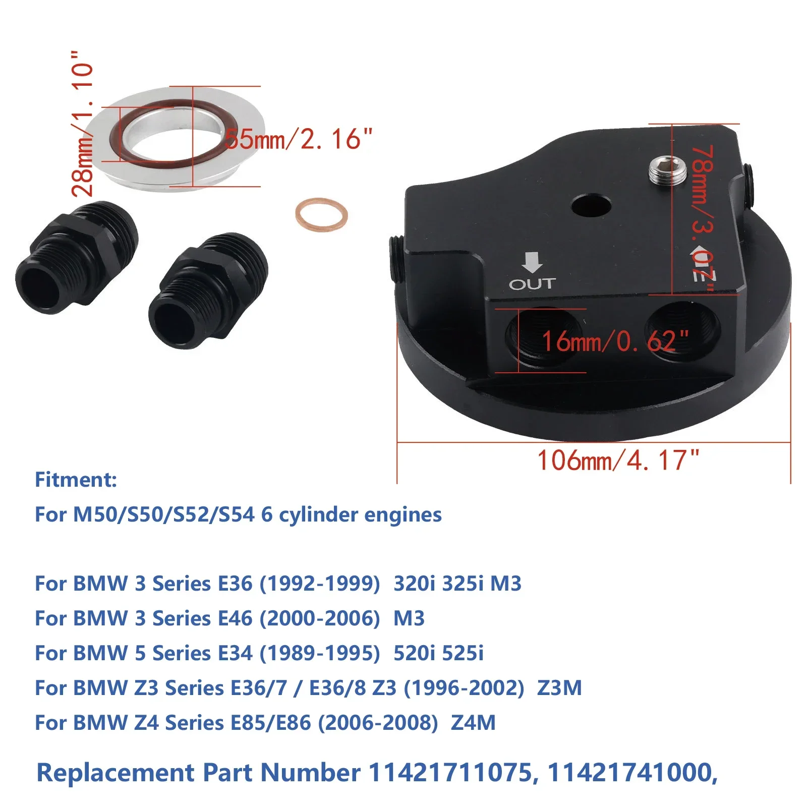 Easy Install Oil Filter Cap With Oil Cooler Fittings for BMW M50 S50 S52 S54 E36 E46 Aluminum Replacement 11421711075 - view 3