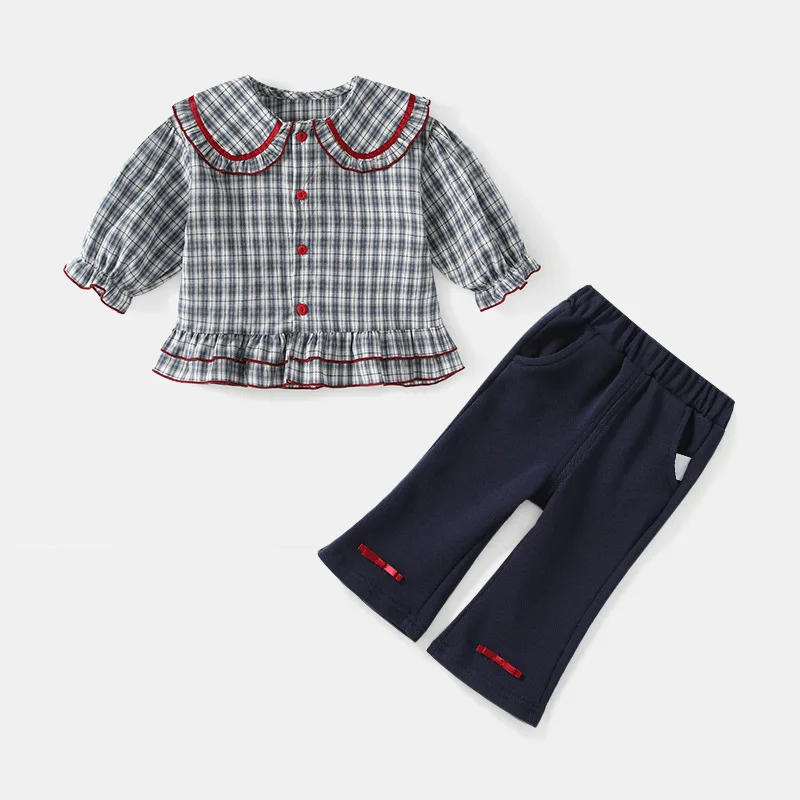 pring plaid bubble sleeve girls' set baby girl shirt lace flared pants two-piece set breathable Korean style children's clothing