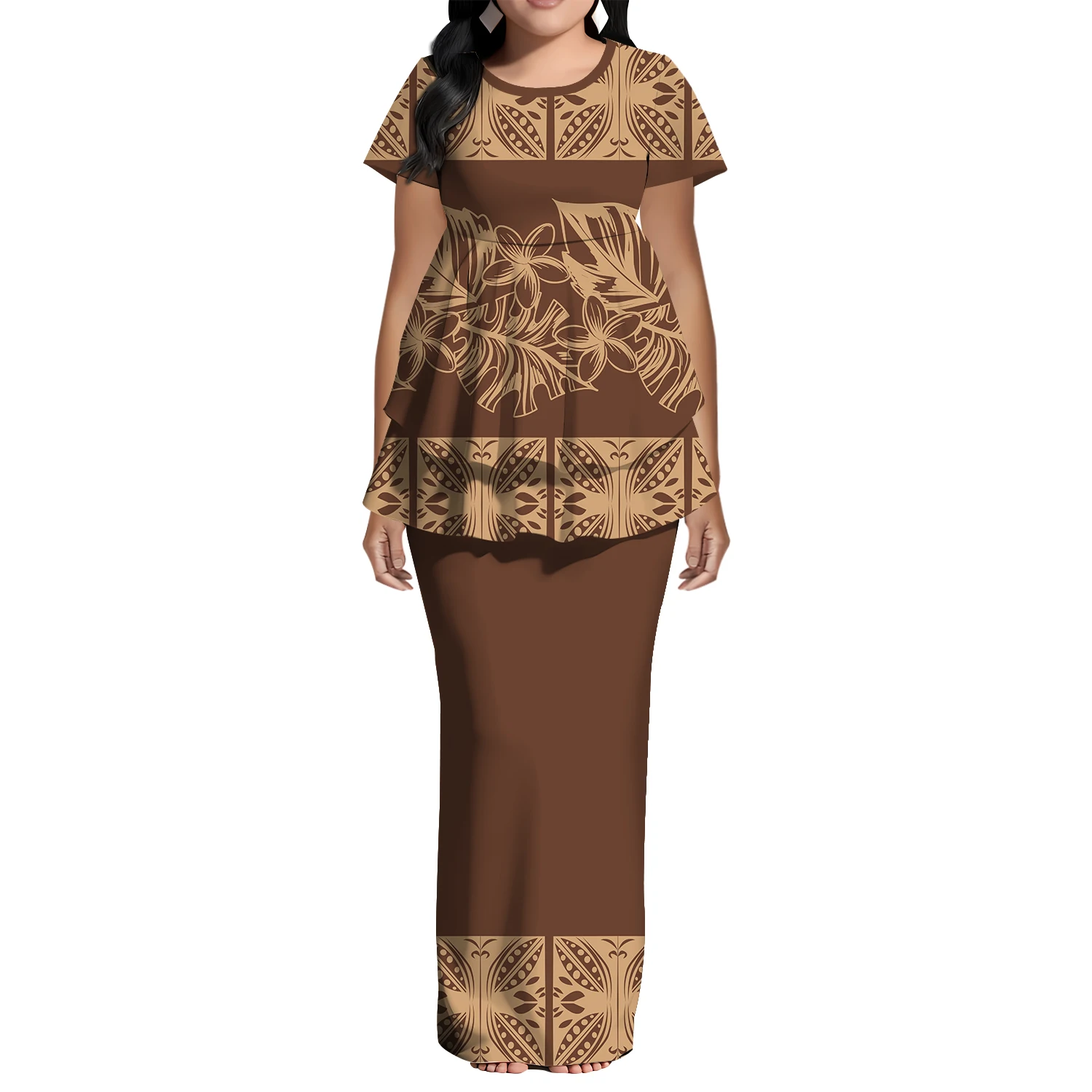 Tribal Pattern Floral Design Women'S Dress Polynesian Puletasi Round-Neck Short-Sleeved Fishtail Patchwork Design 2-Piece Set