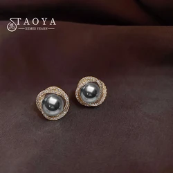Advanced Design Micro Inlaid Zircon Spiral Grey Pearl Earrings 2025 Halloween Fashion Jewelry For Women‘s Party Ear Accessories