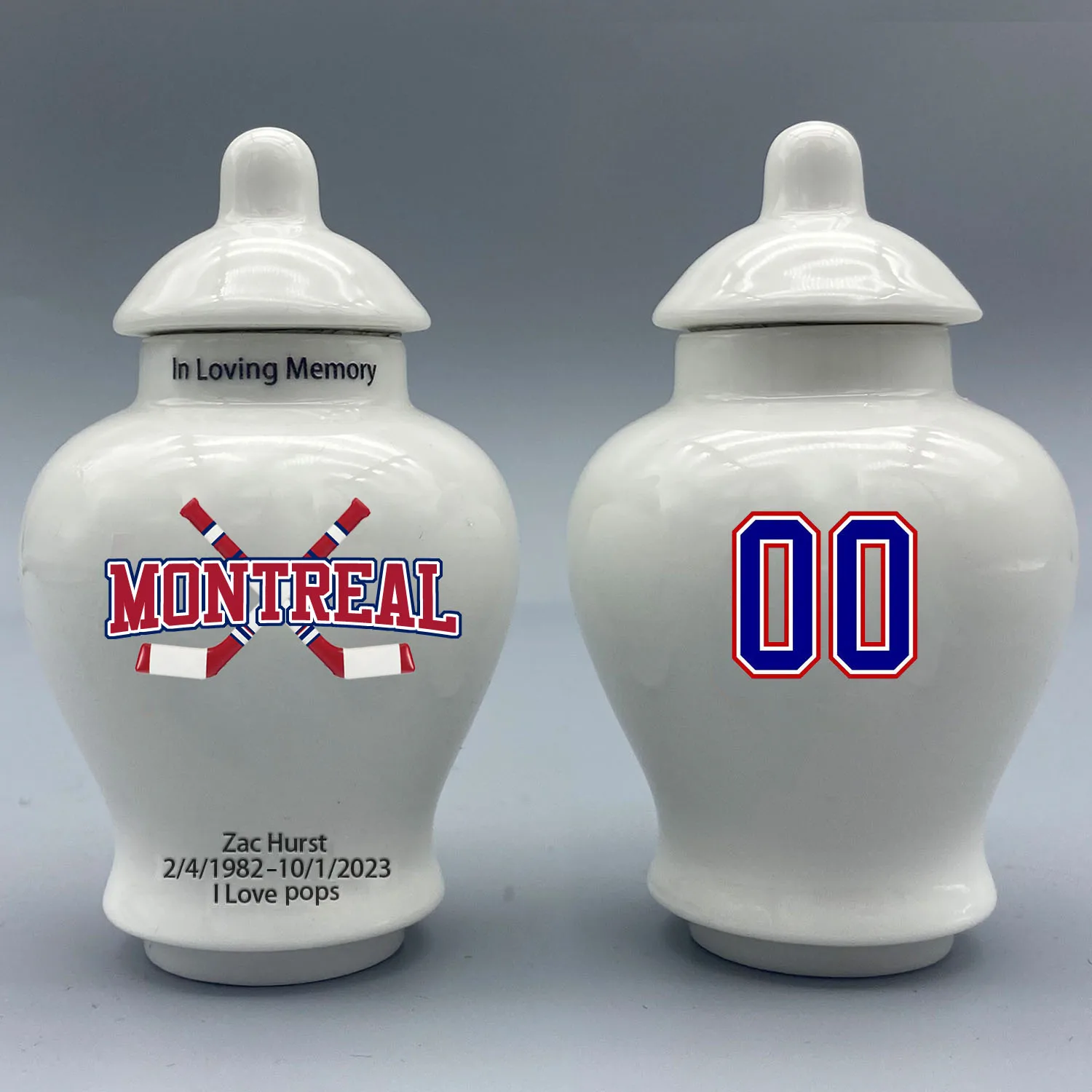 

Mini Urn for Montreal Canadiens-themed Hockey Urn.Please send me the customization information - name/date and number on the urn