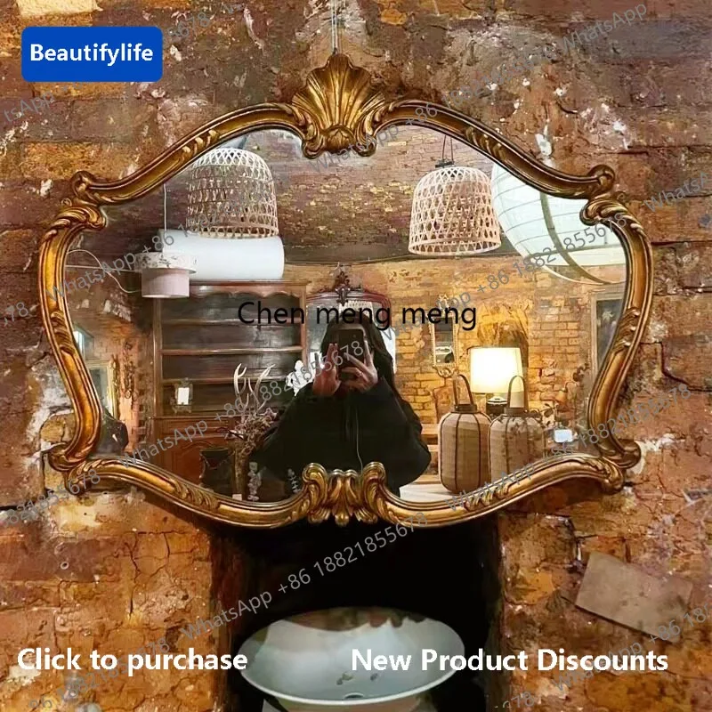 M183 European retro bathroom mirror carved fireplace decorative mirror bathroom wall hanging makeup mirror