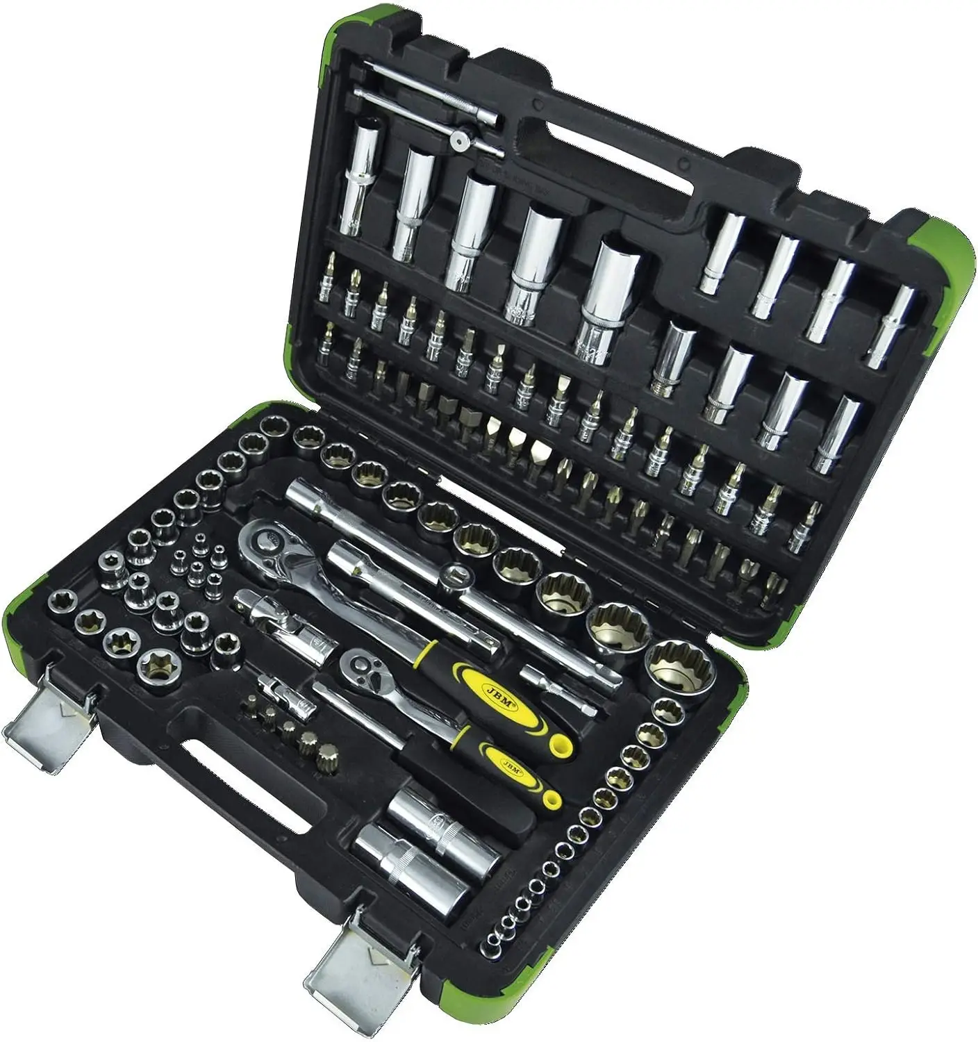 JBM 50791 – حافظة أدوات مكونة من 113 قطعة مع مقابس 12 نقطة في العلبة (مطلي بالزنك) باللون الأخضر