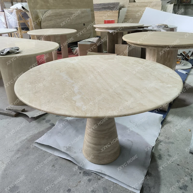

Обеденный стол из натурального мрамора в атмосферном стиле, круглый конус для отеля, травертин, итальянский стиль