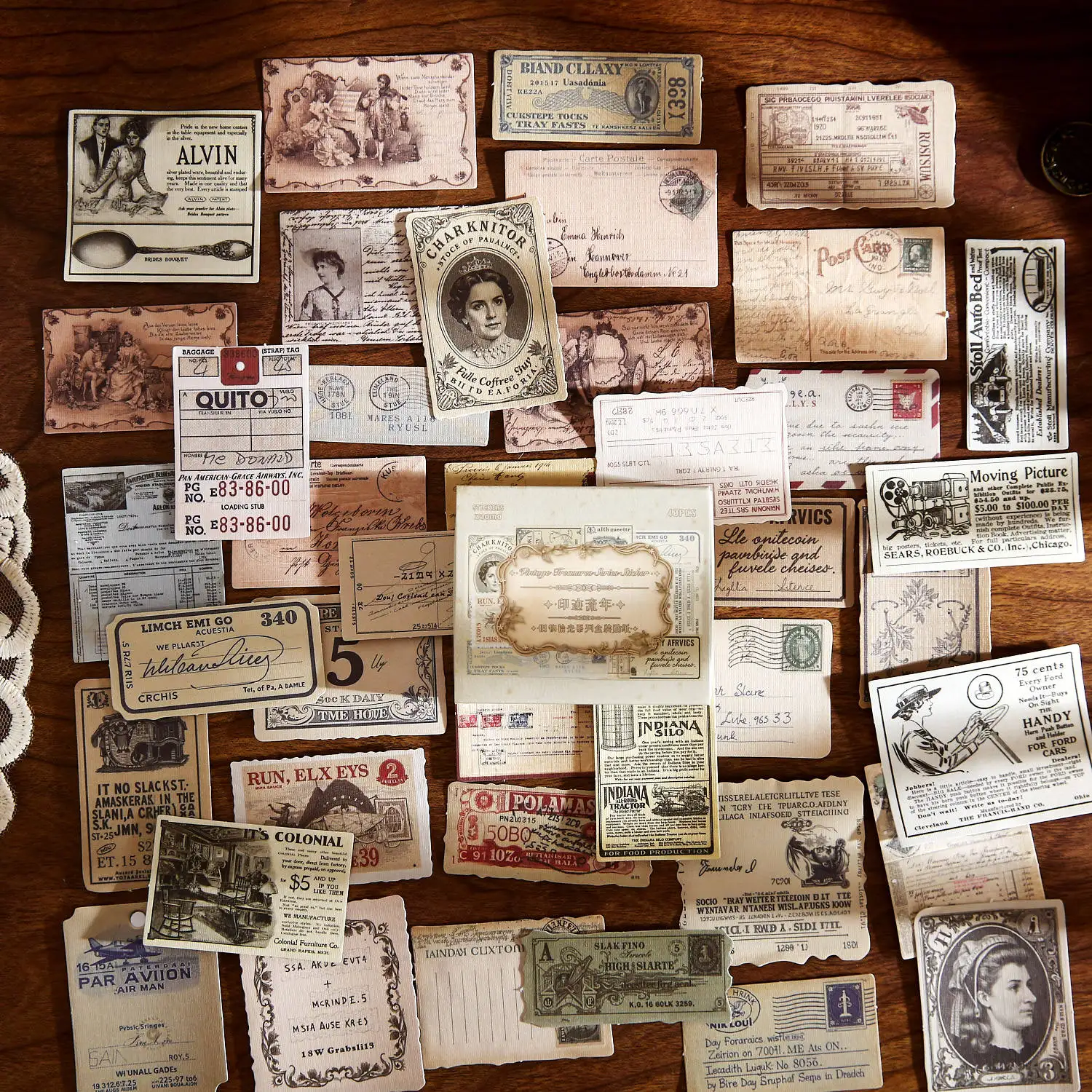 40pcs vintage collection, retro stickers, paper boxes, retro receipts, ticket labels, Washi stickers, garbage magazines, scrapbo