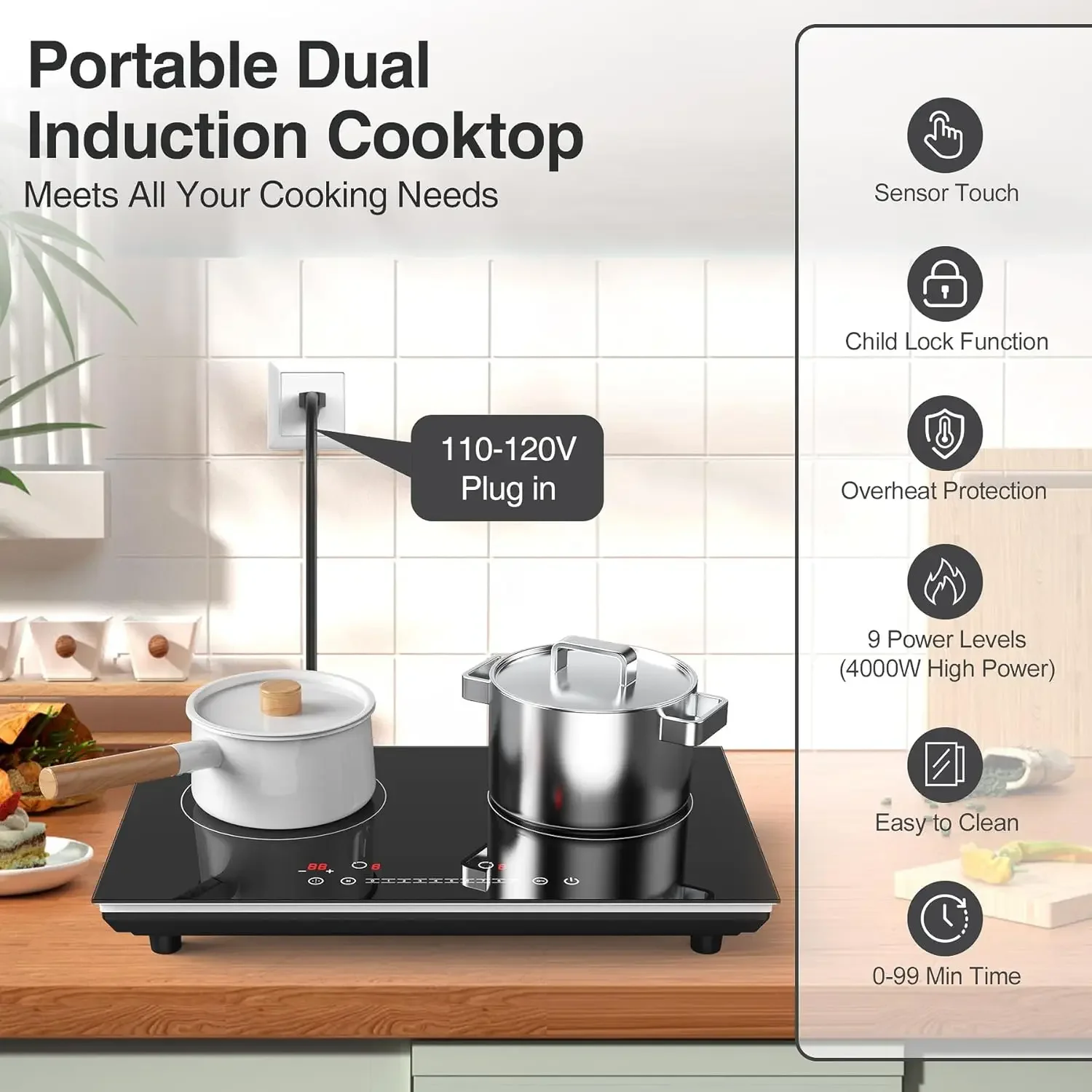 Cooktop de indução dupla, fogão de indução de 24 polegadas 4000W com placa quente, cooktop elétrico com tela sensível ao toque LCD 9 níveis Setti