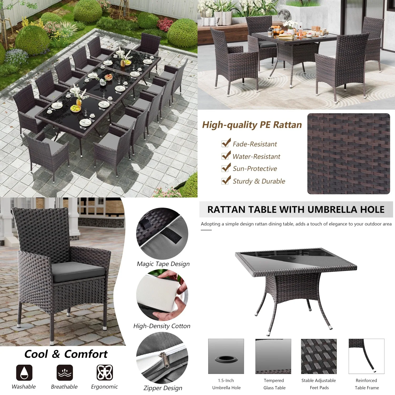 

15pc Rattan Dining Set Square Glass Table Umbrella Hole 12 Chairs Cushions Patio Backyard Customized