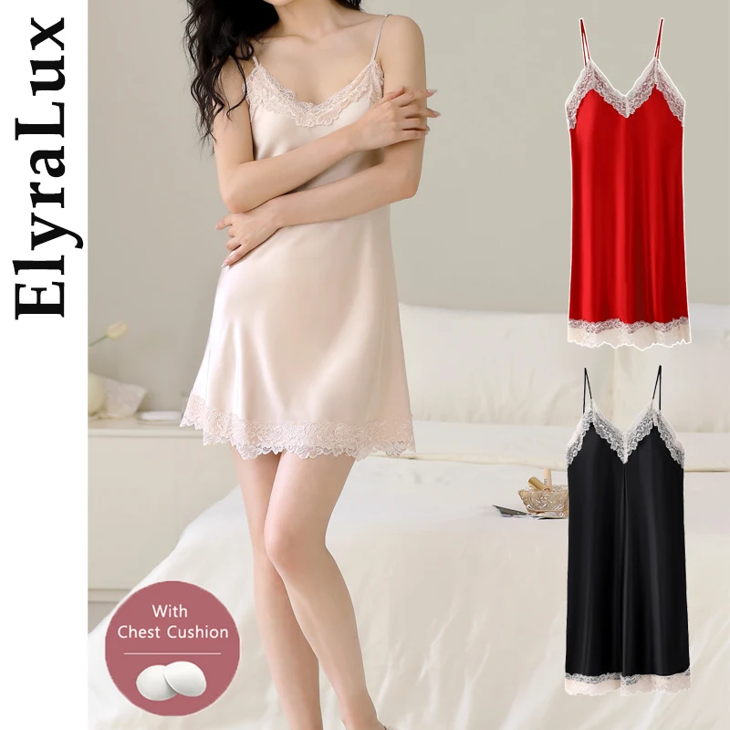 

ElyraLux Women's Pajamas Dress Halter Sexy Nightgown Sleeveless Spaghetti Straps Woman Sleeping Cloths Lace Trim