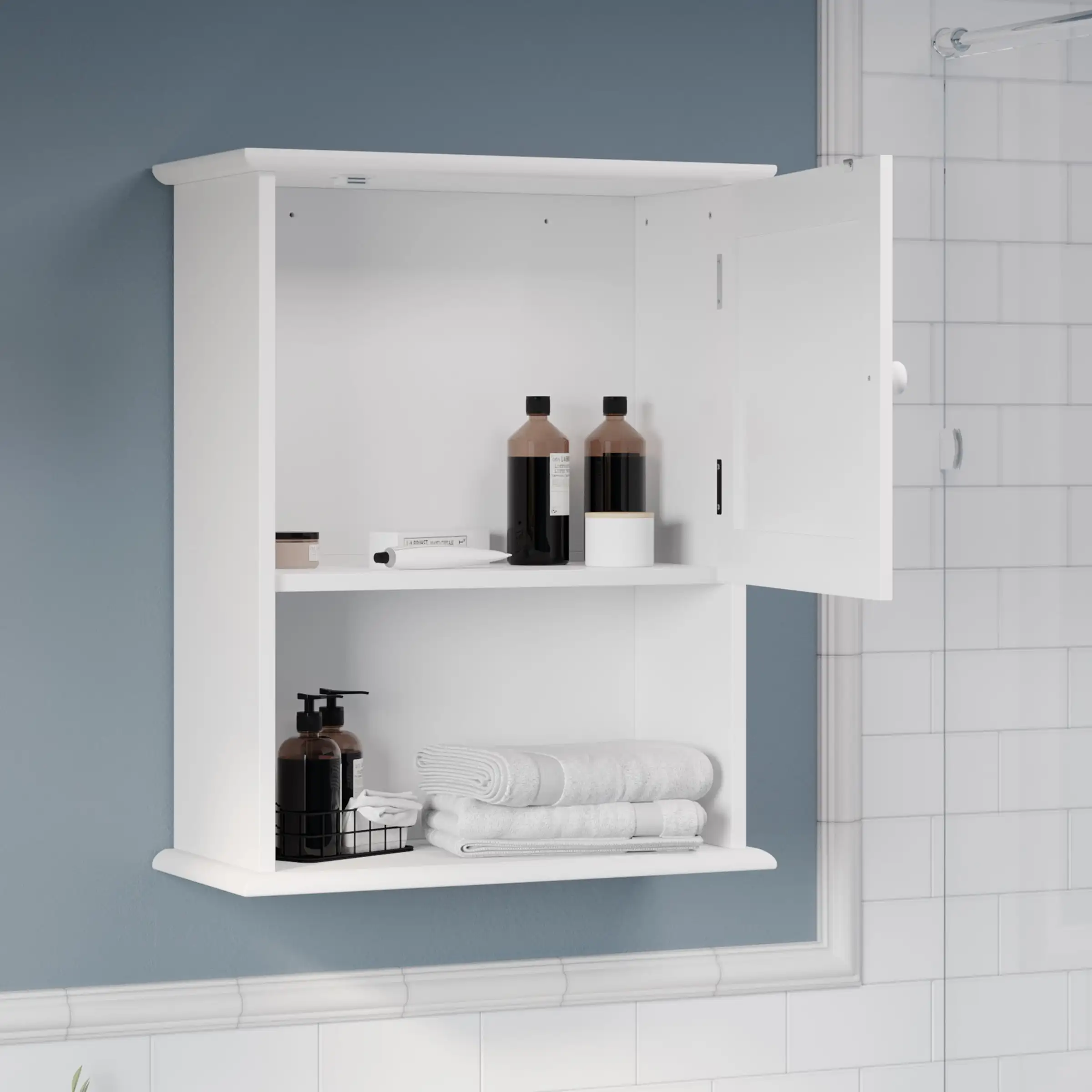 Wall-Mounted Storage Cabinet with Open Shelf, White