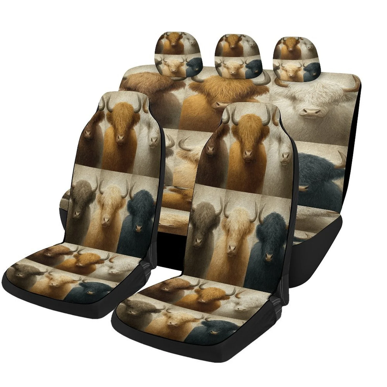 Set Of Car Seat Covers Featuring Highland Cattle Colors, Suitable For Various Vehicles. Stylish And Unique, This Complete Set In