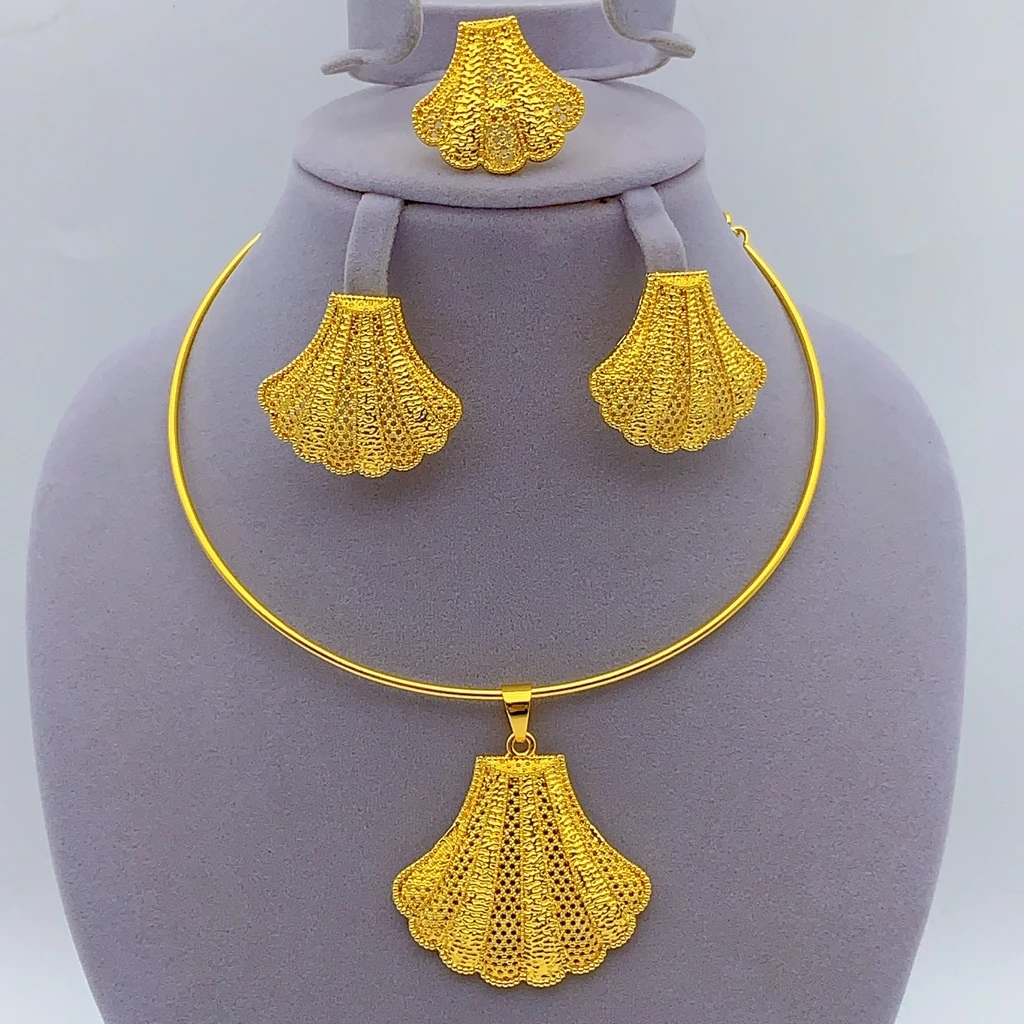 Luxury Nigerian Bridal Jewelry Sets For Women Dubai Indian 24k Gold Color Pendant Necklace And Earrings Set Wedding Party Gifts