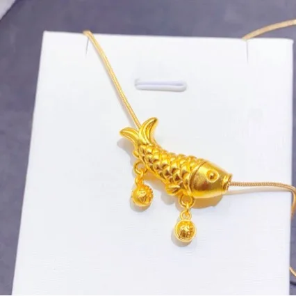 New pure gold good luck koi 999 necklace AU750 gold clavicle chain bell fortune 24k neck chain carp elbow pendant for women