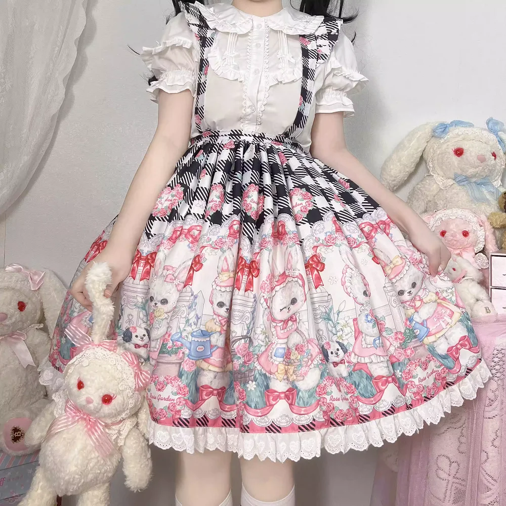 Lolita Rose Rabbit Print Dress Cute Half Skirt Short Skirt SK Strap Skirt Gothic Dress Tea Party Sweet Lolita Skirt With Shirt