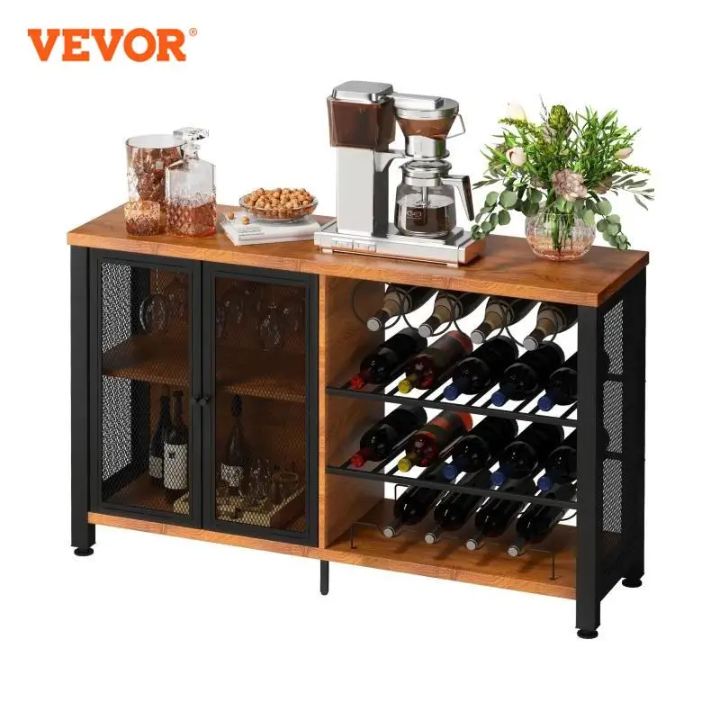 VEVOR Industrial Bar Cabinet Wine Bar Cabinet Table with Wine Rack & Glass Holder for Dining Living Room 47/55 Inch Rustic Oak