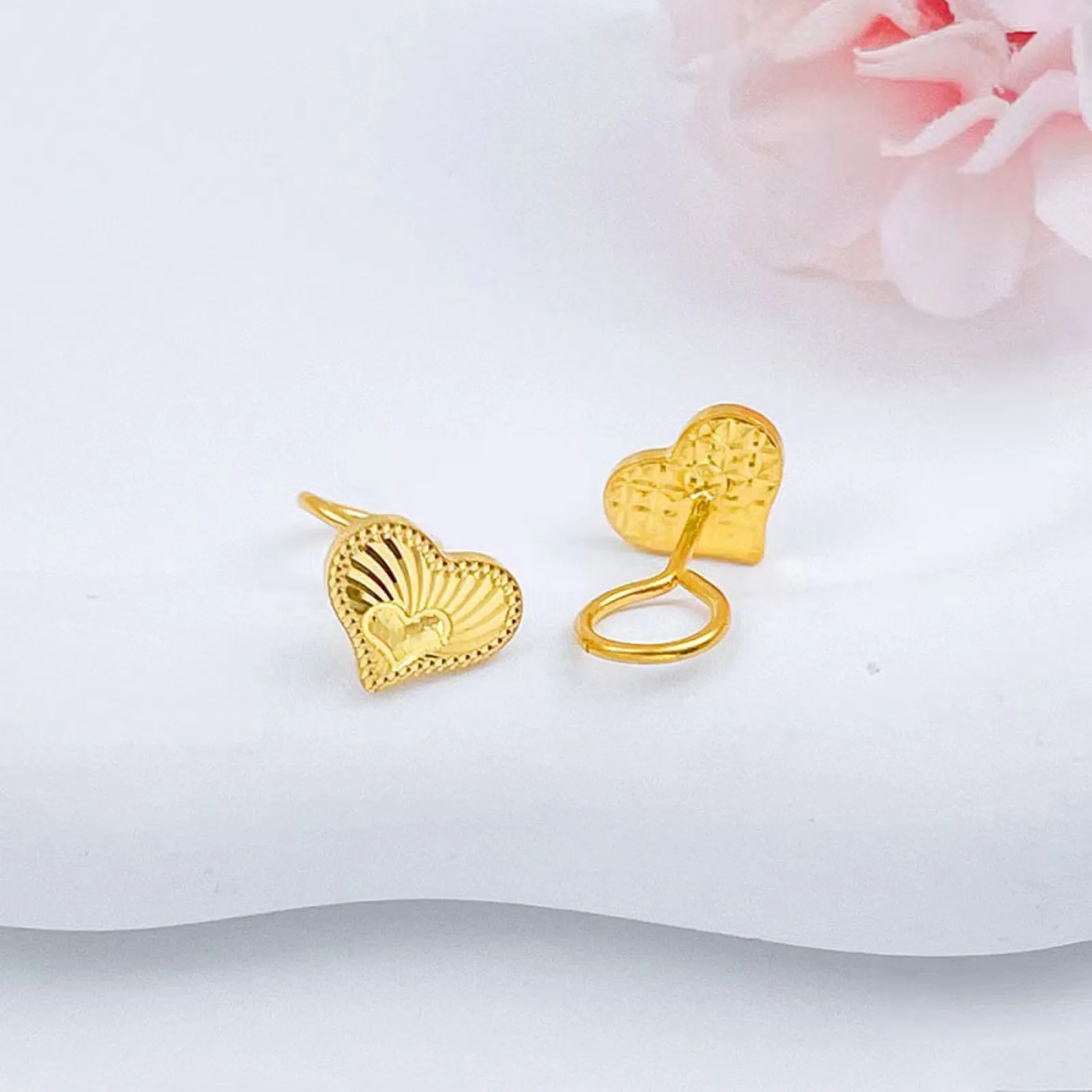 Real Pure 999 24k Yellow Gold Stud Women Gift Lucky Carved Double Heart Earrings 2.44-2.7g