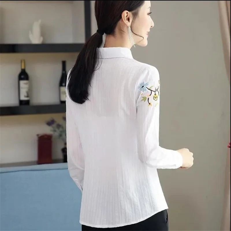 Pure Cotton Embroidered Shirt Women Blouses Retro Blouse National Tops Lapel Long-Sleeve Button Loose All-Match Female Blusa