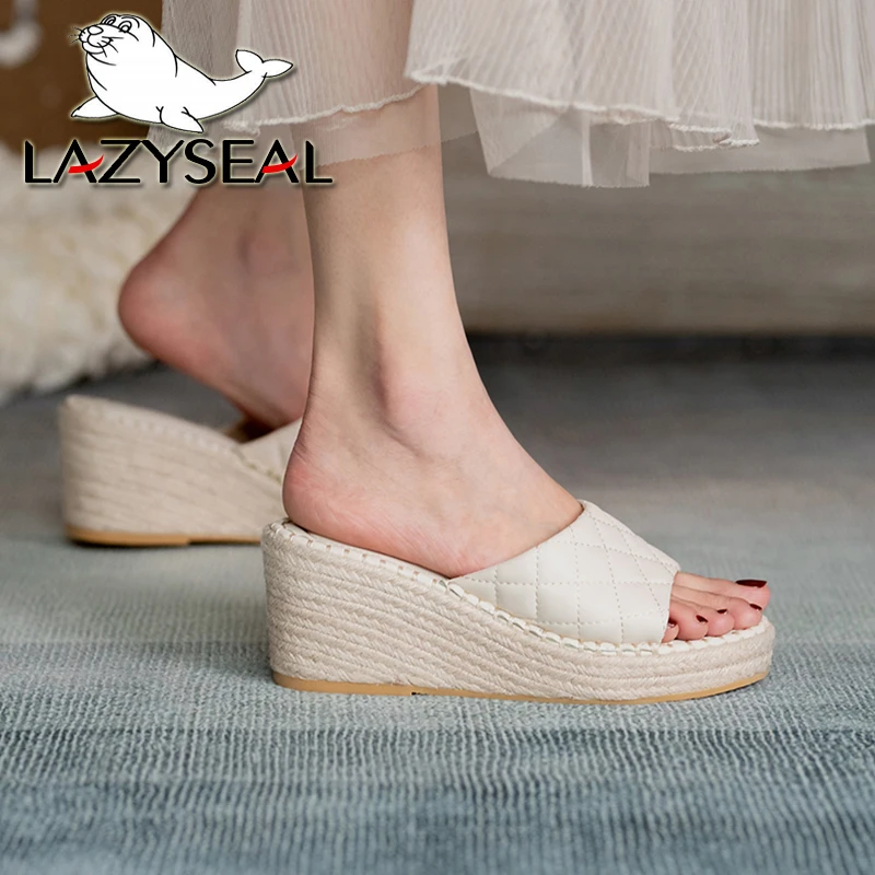 LazySeal Med Heels Wedge Slides Weave Design Soft Women's Beach Casual Slide Female Peep Toe Shoes Plus Size42 Slipper Sandalias