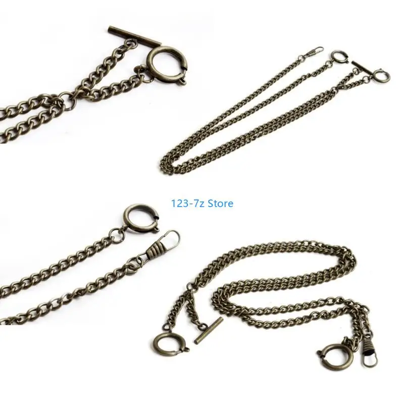 

A9BF Pocket Watch Chain Double Albert Chain Link with Spring Rings Clasp T-Bar