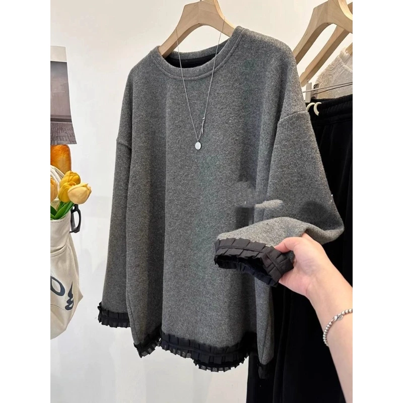 

Autumn and winter new All match lace patchwork brushed thick long sleeved t-shirt women's loose bottom shirt inner fashion top