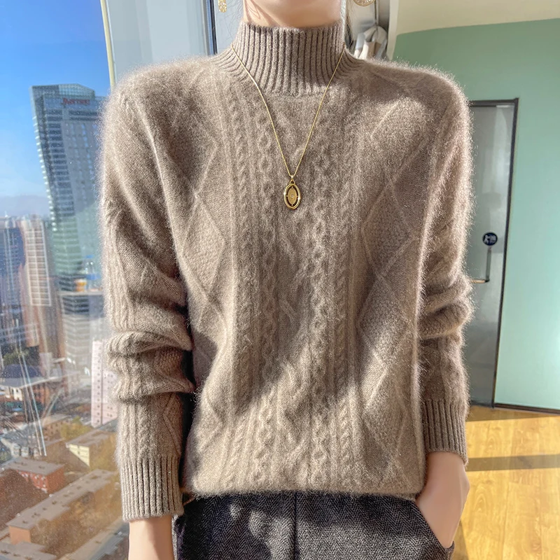 Turtleneck 100% Wool Sweater Women Fashion Solid Plaid Autumn Winter New Casual Loose Tops Knitted Long Sleeve Female Pullover