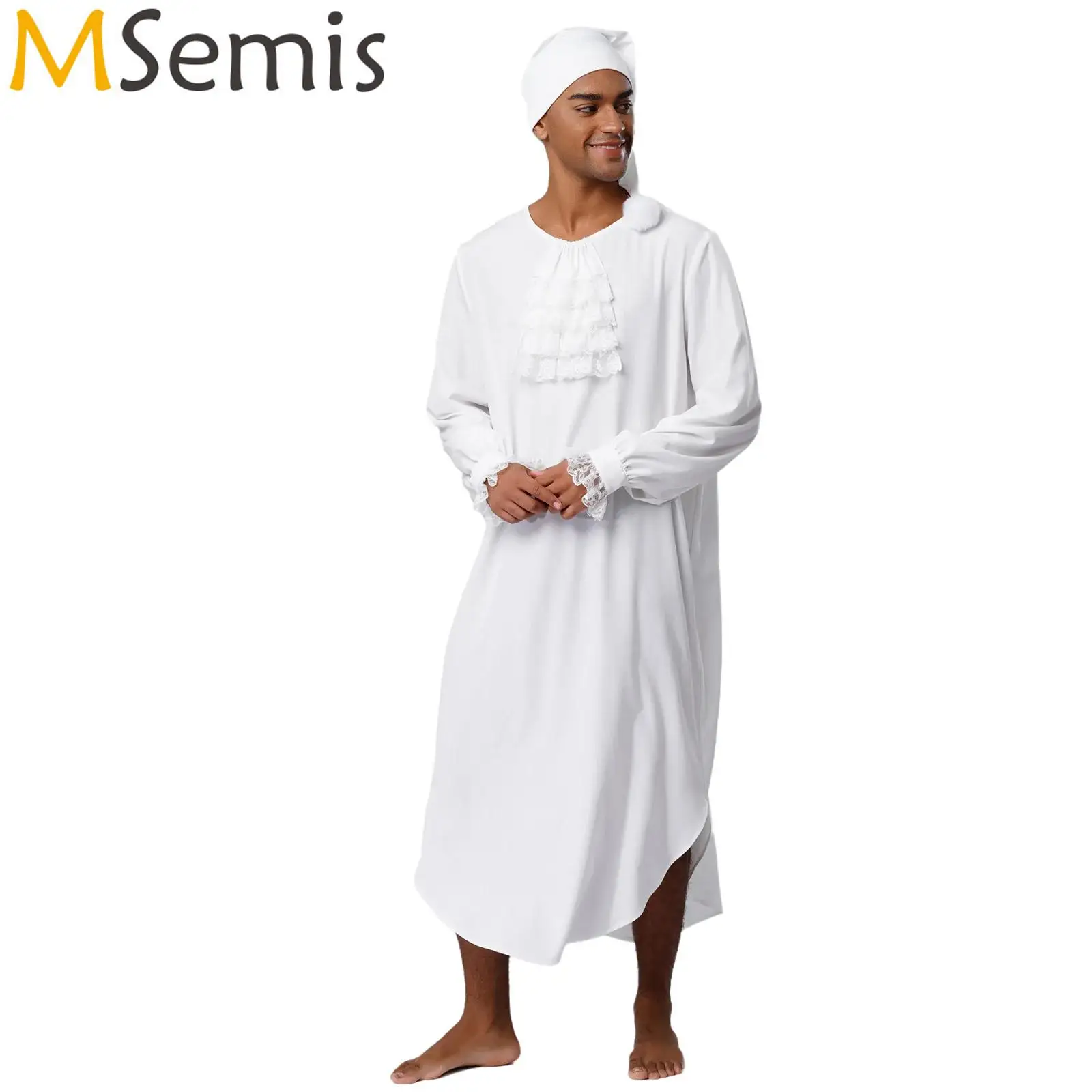 

Men Victorian Nightgown Halloween Christmas Fancy Dress Ball Costume Lace Trim Ruffle Collar Curved Hem Night-Robe with Nightcap