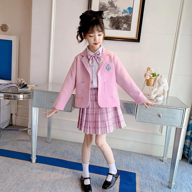 Girls uniform skirt set spring and autumn clothes new foreign style children's suit plaid skirt three-piece set little girl