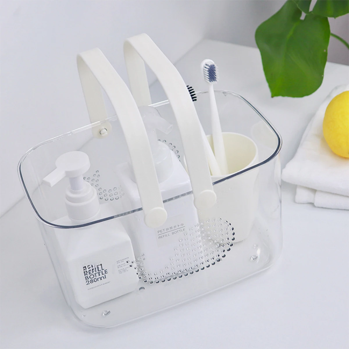 علبة دش الحوت المحمولة مع مقبض سلة تخزين الحمام الشفافة لأساسيات الاستحمام في النوم الجامعي