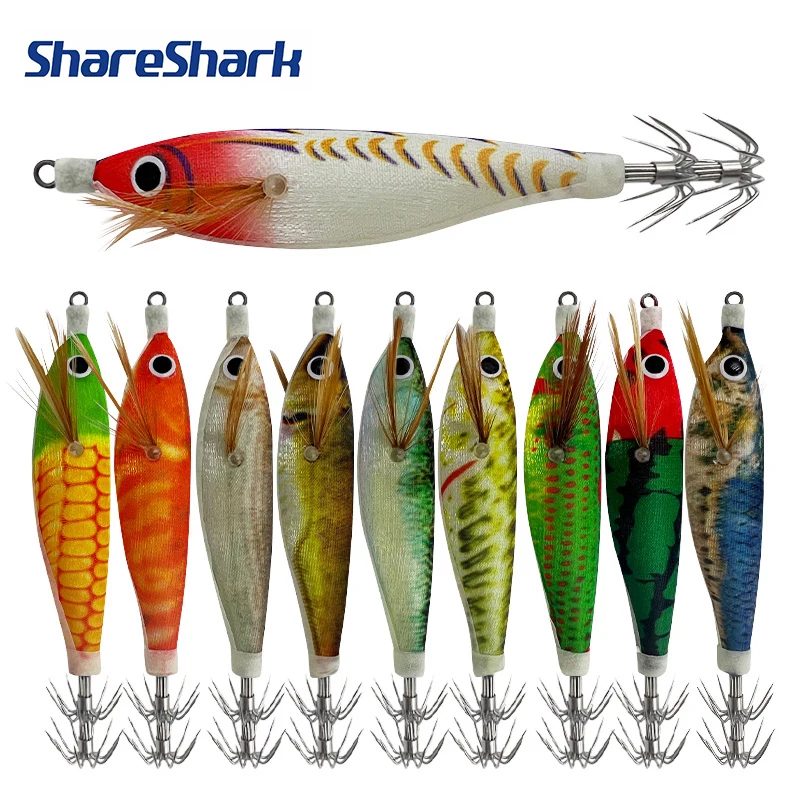 ShareShark 5/10 Stück im Dunkeln leuchtende Garnelen, rundbauchige Garnelen-Köder, Simulations-Tintenfischhaken, Holzgarnelen, Meeresfischköder