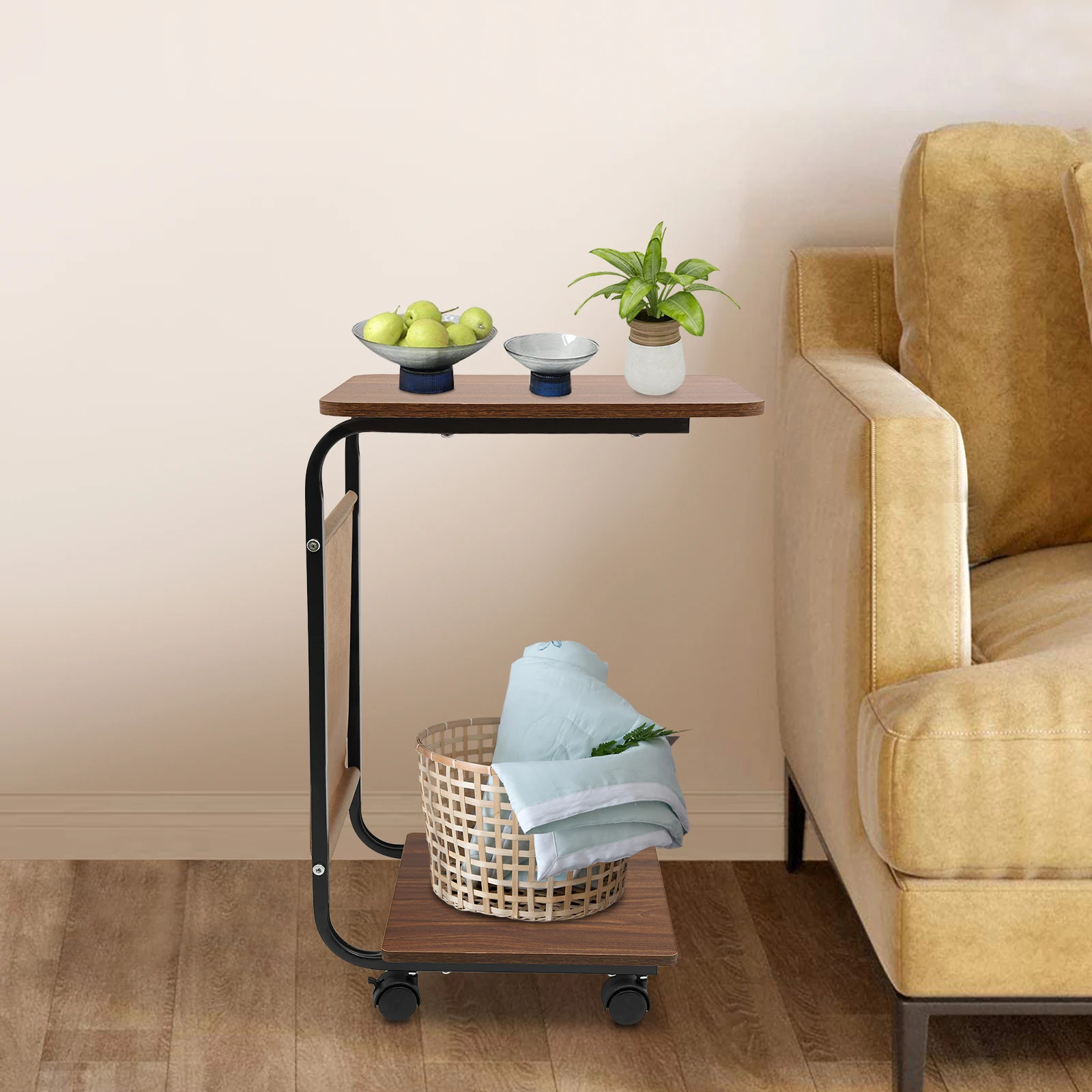 C-Shaped Side Table 2 Tiers Small C-Table Stain-resistant 10kg Load-capacity for Sofa and Bed Coffee Table for Living Room/Bedroom