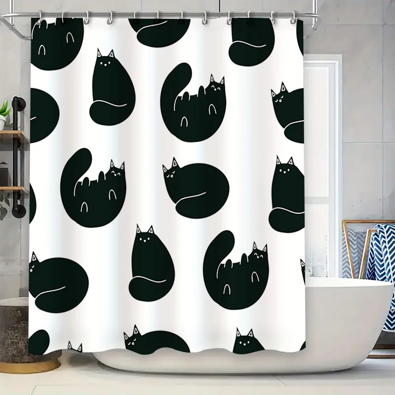 

Adorable Black Cat Print Shower Curtain White Bath Decor for Home Decoration Gift